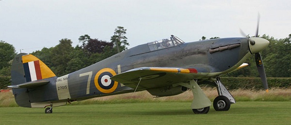  A British Hawker Hurricane from World War II with cantilever wings. 